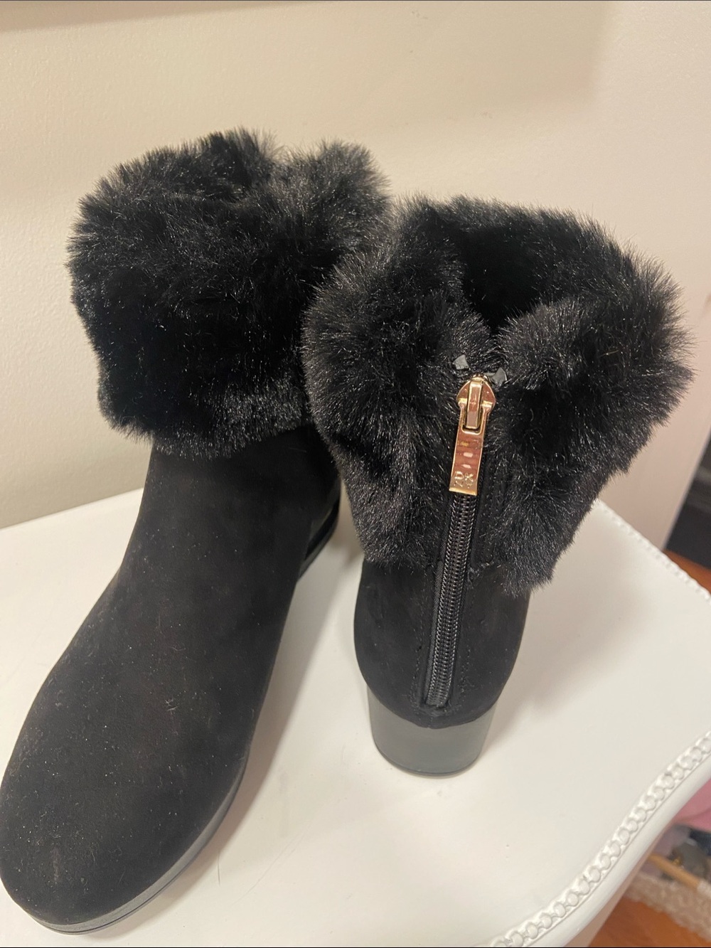 DKNY Black Faux Fur Cuff Ankle Boots with Gold-Tone Zip